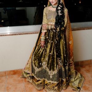 Mohsin Naveed ranjha velvet olive mehndi lehenga wedding Indian Pakistani